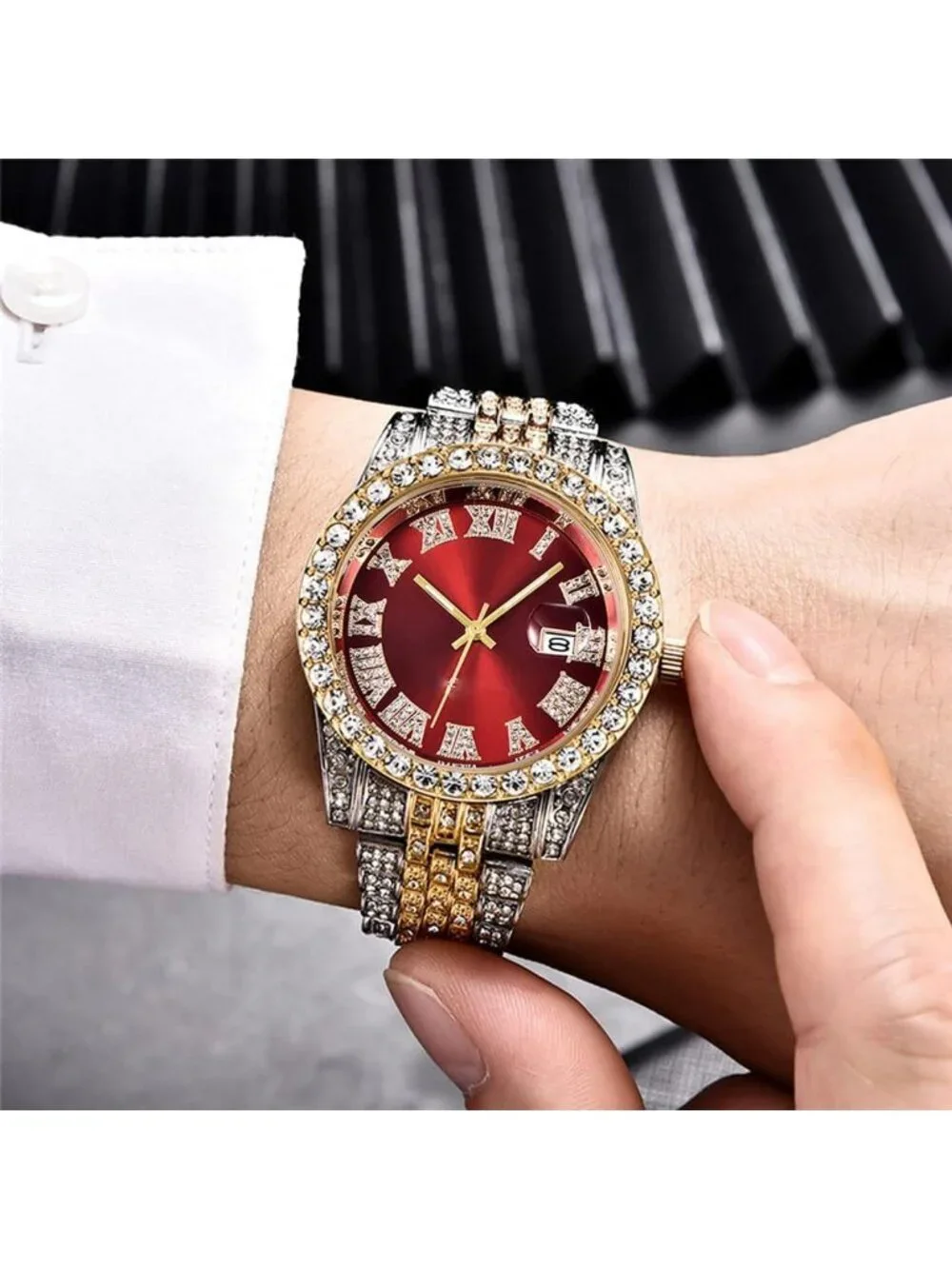 Men's Silver Red Analog Gold Crystal Rhinestone Diamond Iced-Out Bracelet Watch